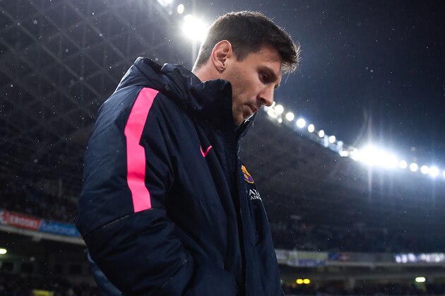 SAN SEBASTIAN, SPAIN - JANUARY 04:  Lionel Messi of FC Barcelona looks on prior to the La Liga match between Real Sociedad de Futbol and FC Barcelona at Estadio Anoeta on January 4, 2015 in San Sebastian, Spain.  (Photo by David Ramos/Getty Images)