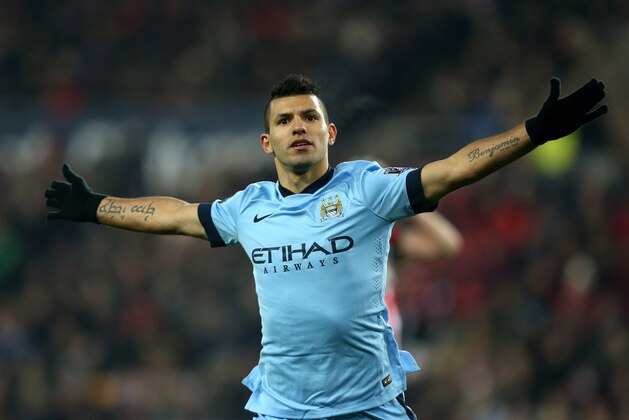 Manchester City's Sergio Aguero celebrates his goal during their English Premier League soccer match against Sunderland at the Stadium of Light, Sunderland, England, Wednesday, Dec. 3, 2014. (AP Photo/Scott Heppell)