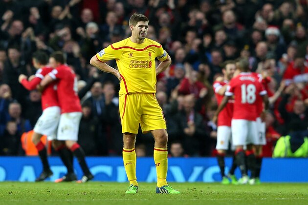 MANCHESTER, ENGLAND - DECEMBER 14:  Steven Gerrard of Liverpool looks dejected after his team conceded the third goal during the Barclays Premier League match between Manchester United and Liverpool at Old Trafford on December 14, 2014 in Manchester, England.  (Photo by Alex Livesey/Getty Images)
