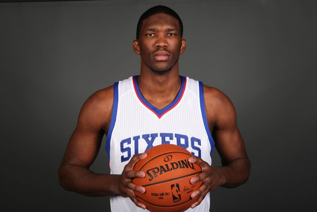 Sep 29, 2014; Philadelphia, PA, USA; Philadelphia 76ers center Joel Embiid (21) during media day at the Wells Fargo Center. Mandatory Credit: Bill Streicher-USA TODAY Sports