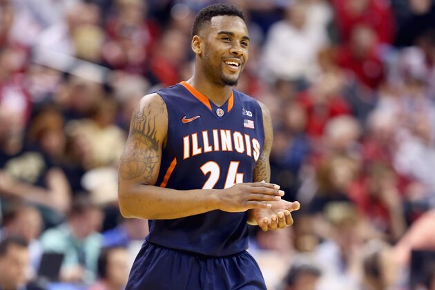INDIANAPOLIS, IN - MARCH 13: Rayvonte Rice #24 of the Illinois Fighting Illini celebrates in the game against the Indiana Hoosiers during the first round of the Big Ten Basketball Tournament at Bankers Life Fieldhouse on March 13, 2014 in Indianapolis, Indiana.  (Photo by Andy Lyons/Getty Images)