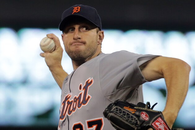 Detroit Tigers pitcher Max Scherzer throws against the Minnesota Twins in the first inning of a baseball game, Monday, Sept. 15, 2014, in Minneapolis. (AP Photo/Jim Mone)