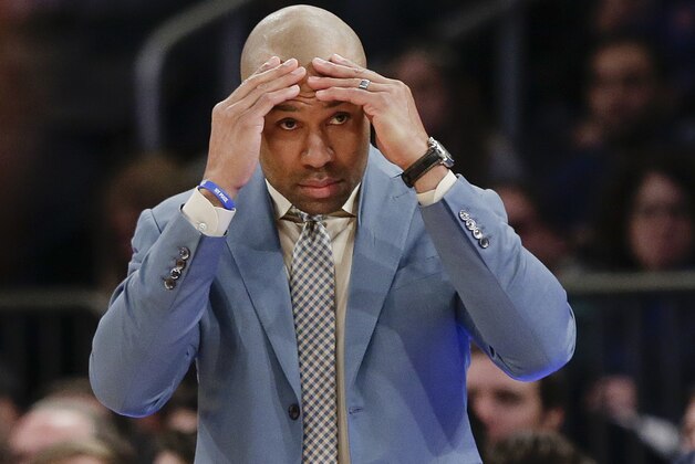 New York Knicks' Derek Fisher reacts to a call during the first half of an NBA basketball game against the Portland Trail Blazers Sunday, Dec. 7, 2014, in New York. The Trail Blazers won the game 103-99. (AP Photo/Frank Franklin II)