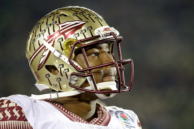 PASADENA, CA - JANUARY 01:  Quarterback Jameis Winston #5 of the Florida State Seminoles looks on during the College Football Playoff Semifinal against the Oregon Ducks at the Rose Bowl Game presented by Northwestern Mutual at the Rose Bowl on January 1, 2015 in Pasadena, California.  (Photo by Jeff Gross/Getty Images)