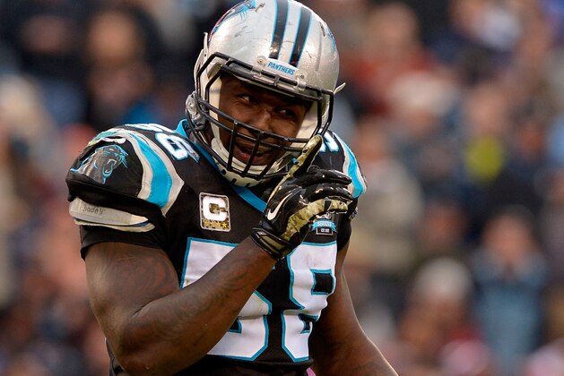 CHARLOTTE, NC - NOVEMBER 16:  Thomas Davis #58 of the Carolina Panthers smiles between plays against the Atlanta Falcons in the 4th quarter during their game at Bank of America Stadium on November 16, 2014 in Charlotte, North Carolina.  (Photo by Grant Halverson/Getty Images)