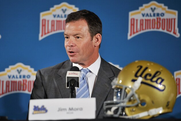 UCLA coach Jim Mora speaks during a press conference held to introduce the 2015 Valero Alamo Bowl NCAA college football head coaches, Thursday, Dec. 11, 2014, in San Antonio. UCLA will play Kansas State. (AP Photo/Darren Abate) UCLA coach Jim Mora speaks during a press conference held to introduce the 2015 Valero Alamo Bowl NCAA college football head coaches, Thursday, Dec. 11, 2014, in San Antonio. UCLA will play Kansas State. (AP Photo/Darren Abate)