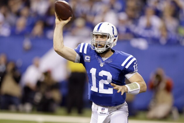 Indianapolis Colts quarterback Andrew Luck throws during the first half of an NFL wildcard playoff football game against the Cincinnati Bengals Sunday, Jan. 4, 2015, in Indianapolis. (AP Photo/Michael Conroy)