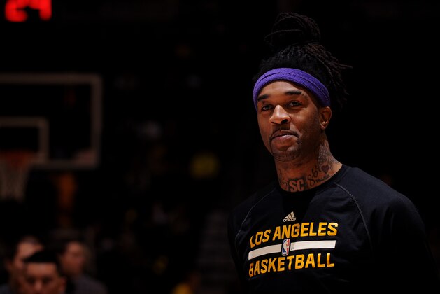 DENVER, CO - December 30:  Jordan Hill #27 of the Los Angeles Lakers before the game against the Denver Nuggets on December 30, 2014 at the Pepsi Center in Denver, Colorado. NOTE TO USER: User expressly acknowledges and agrees that, by downloading and/or using this Photograph, user is consenting to the terms and conditions of the Getty Images License Agreement. Mandatory Copyright Notice: Copyright 2014 NBAE (Photo by Bart Young/NBAE via Getty Images)