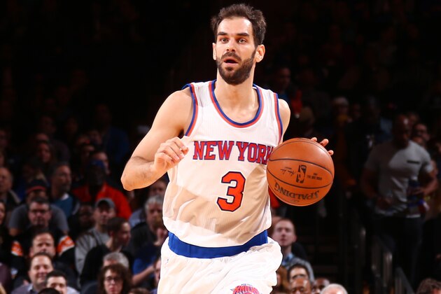 NEW YORK, NY -  JANUARY 4: Jose Calderon #3 of the New York Knicks moves the ball up the court against the Milwaukee Bucks during the game on January 4, 2015 at Madison Square Garden in New York, New York. NOTE TO USER: User expressly acknowledges and agrees that, by downloading and or using this Photograph, user is consenting to the terms and conditions of the Getty Images License Agreement. Mandatory Copyright Notice: Copyright 2015 NBAE (Photo by Nathaniel Butler/NBAE via Getty Images)
