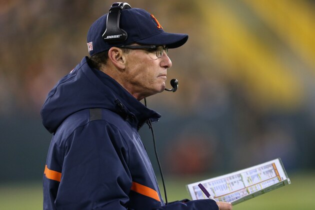 GREEN BAY, WI - NOVEMBER 09: Head coach of the Chicago Bears, Marc Trestman, watches as the Bears trail behind the Green Bay Packers in the first half of the game at Lambeau Field on November 9, 2014 in Green Bay, Wisconsin. (Photo by Jonathan Daniel/Getty Images)