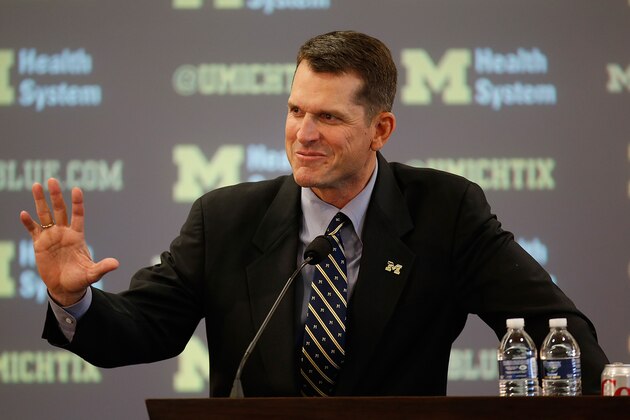 ANN ARBOR, MI - DECEMBER 30:  Jim Harbaugh speaks as he is introduced as the new Head Coach of the University of Michigan football team at the Junge Family Champions Center on December 30, 2014 in Ann Arbor, Michigan.  (Photo by Gregory Shamus/Getty Images)