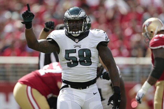 Philadelphia Eagles outside linebacker Trent Cole (58) against the San Francisco 49ers during the first half of an NFL football game in Santa Clara, Calif., Sunday, Sept. 28, 2014. (AP Photo/Marcio Jose Sanchez)
