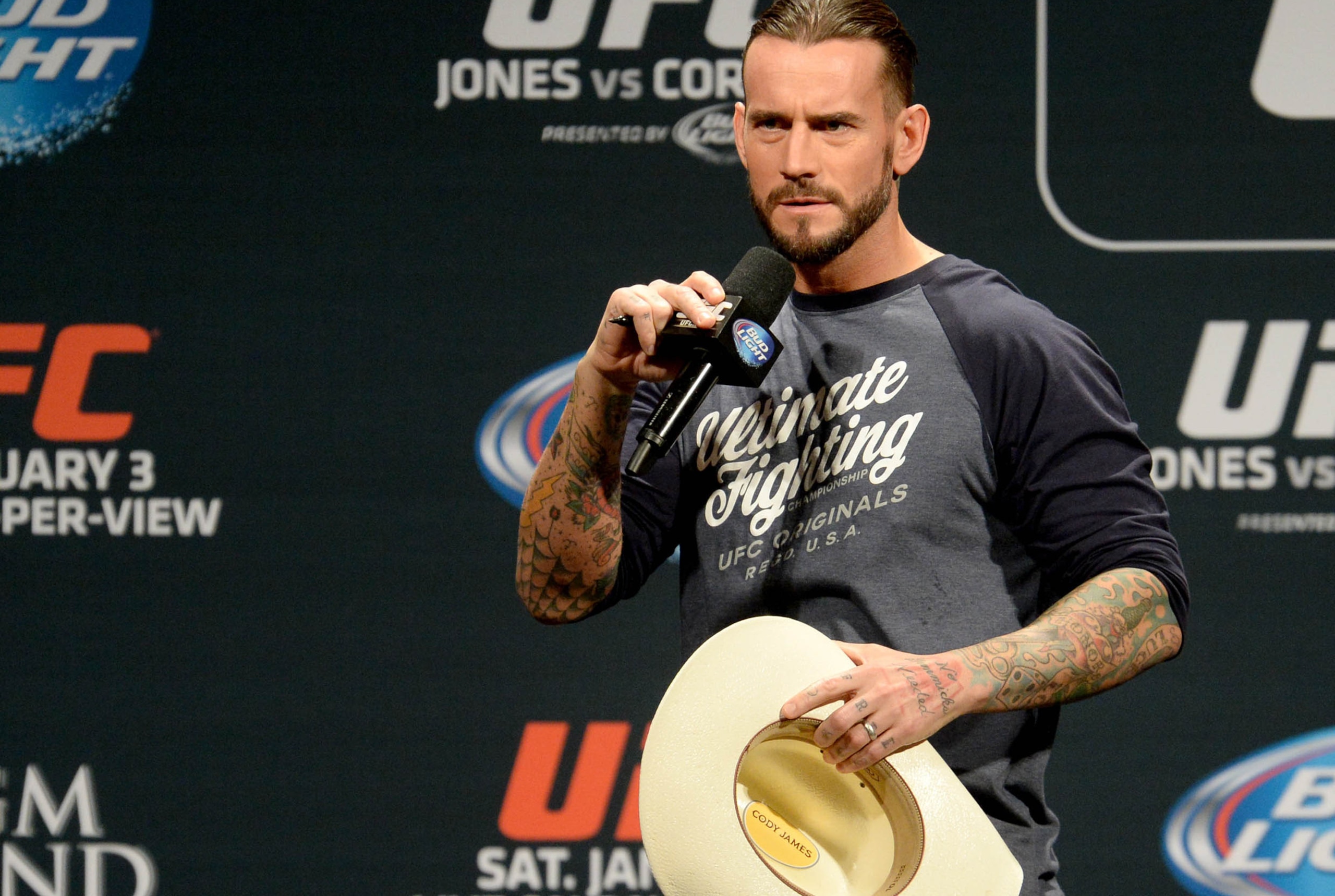 Jan 2, 2015; Las Vegas, NV, USA; Former WWE star Phil CM Punk Brooks is the featured guest for the UFC 182 Q&A session Friday evening before the start of the weigh-ins at the MGM Grand Garden Arena. Mandatory Credit: Jayne Kamin-Oncea-USA TODAY Sports