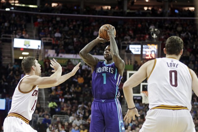 Charlotte Hornets' Lance Stephenson (1) shoots against Cleveland Cavaliers' Joe Harris, left, and Kevin Love (0) in the second quarter of an NBA basketball game Monday, Dec. 15, 2014, in Cleveland. (AP Photo/Mark Duncan) Charlotte Hornets' Lance Stephenson (1) shoots against Cleveland Cavaliers' Joe Harris, left, and Kevin Love (0) in the second quarter of an NBA basketball game Monday, Dec. 15, 2014, in Cleveland. (AP Photo/Mark Duncan)