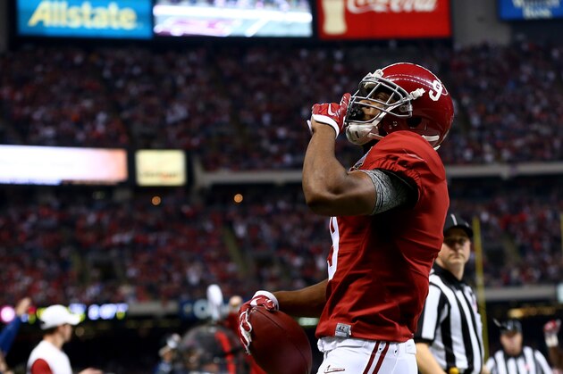NEW ORLEANS, LA - JANUARY 01:  Amari Cooper #9 of the Alabama Crimson Tide celebrates after scoring a touchdown in the first quarter against the Ohio State Buckeyes during the All State Sugar Bowl at the Mercedes-Benz Superdome on January 1, 2015 in New Orleans, Louisiana.  (Photo by Streeter Lecka/Getty Images)