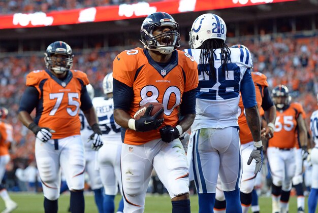 Sep 7, 2014; Denver, CO, USA; Denver Broncos tight end Julius Thomas (80) reacts to his touchdown in the second quarter against the Indianapolis Colts at Sports Authority Field at Mile High . Mandatory Credit: Ron Chenoy-USA TODAY Sports
