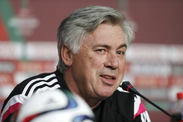 Real Madris's Coach Carlo Ancelotti speaks to the media during a press conference at the Club World Cup soccer tournament in Marrakech, Morocco, Friday, Dec. 19, 2014. Real Madrid  will play against  San Lorenzo during their final game in Marrakech on Saturday, Dec. 20. (AP Photo/Abdeljalil Bounhar)