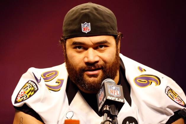 NEW ORLEANS, LA - JANUARY 29:  Haloti Ngata #92 of the Baltimore Ravens answers questions from the media during Super Bowl XLVII Media Day ahead of Super Bowl XLVII at the Mercedes-Benz Superdome on January 29, 2013 in New Orleans, Louisiana. The San Francisco 49ers will take on the Baltimore Ravens on February 3, 2013 at the Mercedes-Benz Superdome.  (Photo by Scott Halleran/Getty Images)
