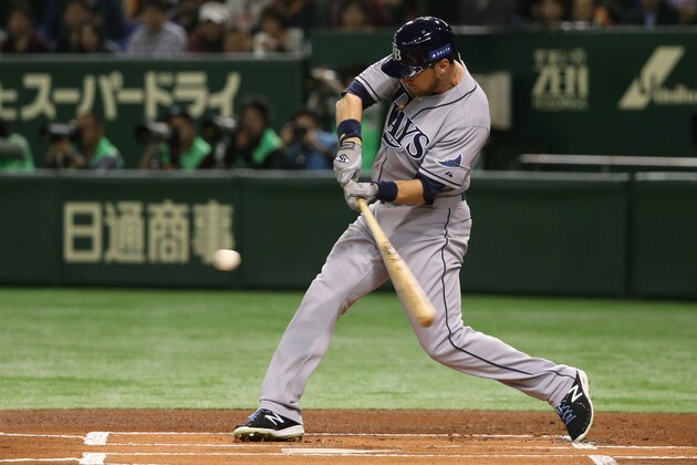 TOKYO, JAPAN - NOVEMBER 15:   Ben Zobrist #18 of the Tampa Bay Rays bats in the first inning during the game three of Samurai Japan and MLB All Stars at Tokyo Dome on November 15, 2014 in Tokyo, Japan.  (Photo by Atsushi Tomura/Getty Images)