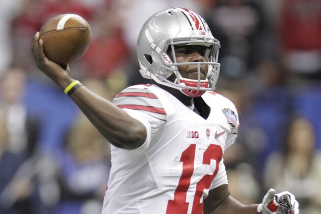 Ohio State quarterback Cardale Jones (12) passes against Alabama in the first half of the Sugar Bowl NCAA college football playoff semifinal game, Thursday, Jan. 1, 2015, in New Orleans. (AP Photo/Skip Martin)