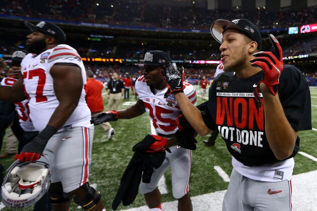NEW ORLEANS, LA - JANUARY 01:  The Ohio State Buckeyes celebrate after defeating the Alabama Crimson Tide during the All State Sugar Bowl at the Mercedes-Benz Superdome on January 1, 2015 in New Orleans, Louisiana.  The Ohio State Buckeyes defeated the Alabama Crimson Tide 42 to 35.  (Photo by Streeter Lecka/Getty Images)