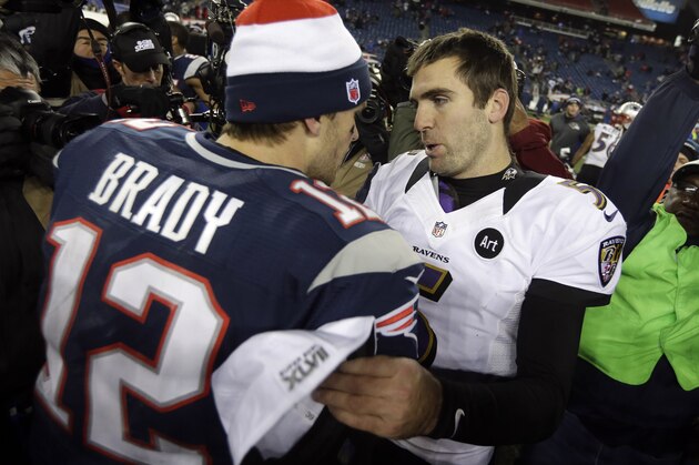 New England Patriots quarterback Tom Brady (12) meets with Baltimore Ravens quarterback Joe Flacco (5) after the NFL football AFC Championship football game in Foxborough, Mass., Sunday, Jan. 20, 2013. The Ravens won 28-13 to advance to Super Bowl XLVII. (AP Photo/Steven Senne)