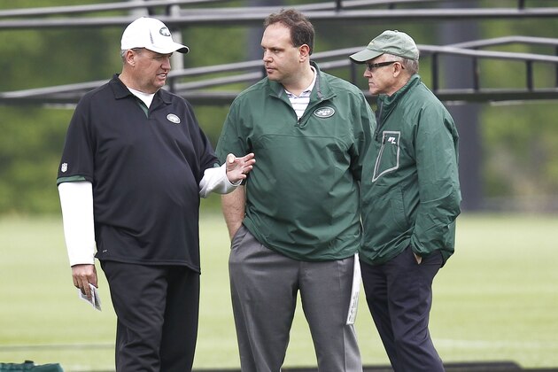 FLORHAM PARK, NJ - MAY 04: New York Jets head coach Rex Ryan, general manager Mike Tannenbaum and team owner Woody Johnson confer during the Jets Rookie Minicamp on May 4, 2012 in Florham Park, New Jersey. (Photo by Jeff Zelevansky/Getty Images) FLORHAM PARK, NJ - MAY 04: New York Jets head coach Rex Ryan, general manager Mike Tannenbaum and team owner Woody Johnson confer during the Jets Rookie Minicamp on May 4, 2012 in Florham Park, New Jersey. (Photo by Jeff Zelevansky/Getty Images)