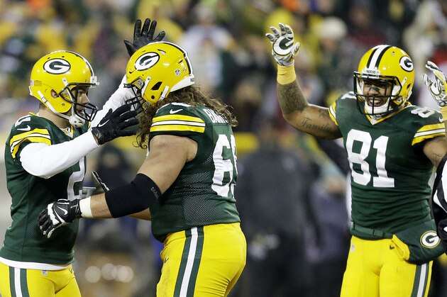 GREEN BAY, WI - DECEMBER 08:  Mason Crosby #2 of the Green Bay Packers celebrates his 53 yard field goal in the fourth quarter against the Atlanta Falcons at Lambeau Field on December 8, 2014 in Green Bay, Wisconsin.  (Photo by Mike McGinnis/Getty Images)