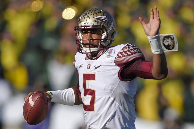 Florida State quarterback Jameis Winston looks to pass during the first half of the Rose Bowl NCAA college football playoff semifinal, Thursday, Jan. 1, 2015 in Pasadena, Calif. (AP Photo/Mark J. Terrill)
