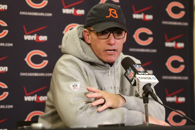 Chicago Bears head coach Marc Trestman speaks during a news conference after an NFL football game against the Minnesota Vikings, Sunday, Dec. 28, 2014, in Minneapolis. The Vikings won 13-9. (AP Photo/Jim Mone)