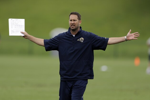 St. Louis Rams offensive coordinator Brian Schottenheimer during an organized team activity at the NFL football team's practice facility Thursday, June 5, 2014, in St. Louis. (AP Photo/Jeff Roberson)