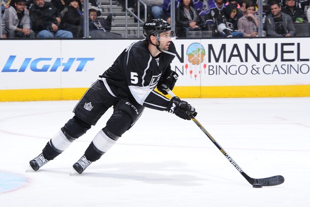 LOS ANGELES, CA - JANUARY 03: Jamie McBain #5 of the Los Angeles Kings handles the puck during a game against the Nashville Predators at STAPLES Center on January 03, 2015 in Los Angeles, California. (Photo by Juan Ocampo/NHLI via Getty Images)