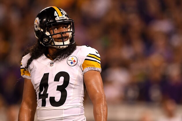 BALTIMORE, MD - SEPTEMBER 11: Strong safety Troy Polamalu #43 of the Pittsburgh Steelers looks on in the fourth quarter against the Baltimore Ravens at M&T Bank Stadium on September 11, 2014 in Baltimore, Maryland. (Photo by Patrick Smith/Getty Images)