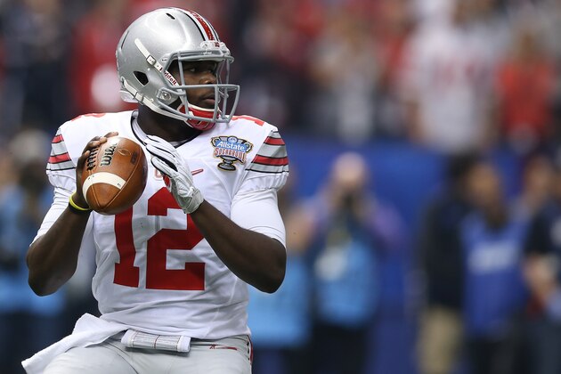 NEW ORLEANS, LA - JANUARY 01:  Cardale Jones #12 of the Ohio State Buckeyes throws a pass during the All State Sugar Bowl against Alabama Crimson Tide at the Mercedes-Benz Superdome on January 1, 2015 in New Orleans, Louisiana.  (Photo by Kevin C. Cox/Getty Images)