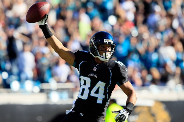 JACKSONVILLE, FL - NOVEMBER 25:  Cecil Shorts III #84 of the Jacksonville Jaguars celebrates following a touchdown during the game against the Tennessee Titans at EverBank Field on November 25, 2012 in Jacksonville, Florida.  (Photo by Sam Greenwood/Getty Images)