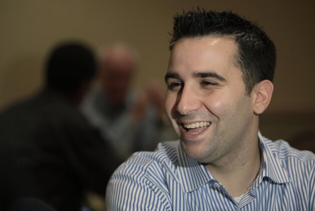 Toronto Blue Jays general manager Alex Anthopoulos talks to reporters during Major League Baseball's 2009 General Managers Meetings, Tuesday, Nov. 10, 2009 in Chicago. (AP Photo/M. Spencer Green)