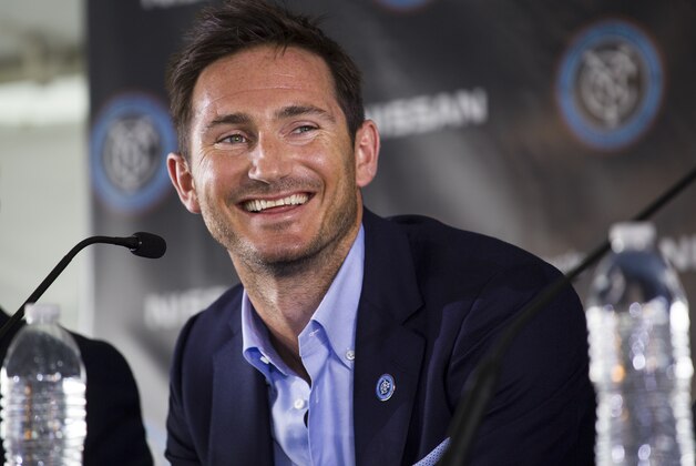 Frank Lampard, of England, smiles during his introduction as a member of the MLS expansion club New York City FC,  Thursday, July 24, 2014, in New York. (AP Photo/Craig Ruttle)