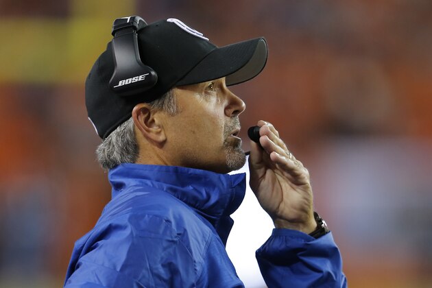 Indianapolis Colts head coach Chuck Pagano makes a call against the Denver Broncos during the first half of an NFL football game, Sunday, Sept. 7, 2014, in Denver. (AP Photo/Joe Mahoney)