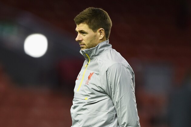 LIVERPOOL, ENGLAND - DECEMBER 08:  Steven Gerrard of Liverpool warms up during a training session ahead of the UEFA Champions League match against FC Basel 1893 at Anfield on December 8, 2014 in Liverpool, England.  (Photo by Laurence Griffiths/Getty Images)