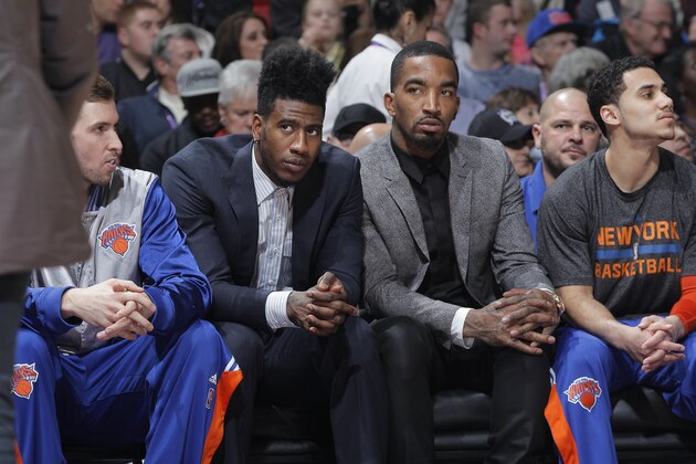 SACRAMENTO, CA - DECEMBER 27: Iman Shumpert #21 and J.R. Smith #8 of the New York Knicks inactive against the Sacramento Kings on December 27, 2014 at Sleep Train Arena in Sacramento, California. NOTE TO USER: User expressly acknowledges and agrees that, by downloading and or using this photograph, User is consenting to the terms and conditions of the Getty Images Agreement. Mandatory Copyright Notice: Copyright 2014 NBAE (Photo by Rocky Widner/NBAE via Getty Images)