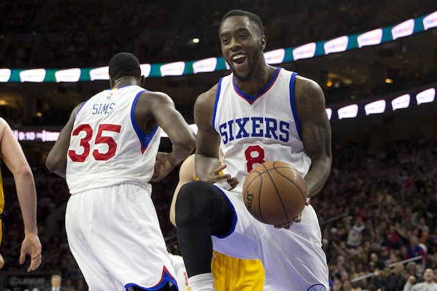 PHILADELPHIA, PA - JANUARY 5: Tony Wroten #8 of the Philadelphia 76ers reacts after making a basket against the Cleveland Cavaliers on January 5, 2015 at the Wells Fargo Center in Philadelphia, Pennsylvania. The 76ers defeated the Cavaliers 95-92 NOTE TO USER: User expressly acknowledges and agrees that, by downloading and or using this photograph, User is consenting to the terms and conditions of the Getty Images License Agreement (Photo by Mitchell Leff/Getty Images)