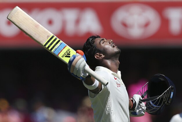 India's Lokesh Rahul celebrates making 100 runs against Australia on the third day of their cricket test match in Sydney, Australia Thursday, Jan. 8, 2015. (AP Photo/Rick Rycroft)