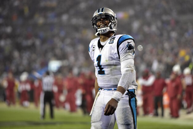 Jan 3, 2015; Charlotte, NC, USA; Carolina Panthers quarterback Cam Newton (1) reacts during the fourth quarter against the Arizona Cardinals in the 2014 NFC Wild Card playoff football game at Bank of America Stadium. Mandatory Credit: Bob Donnan-USA TODAY Sports