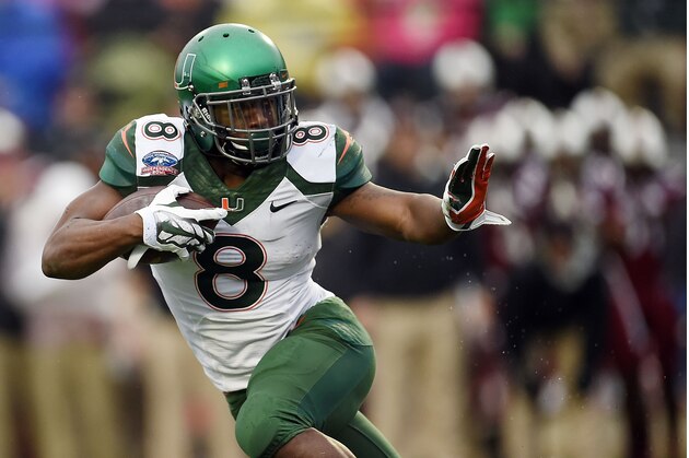 SHREVEPORT, LA - DECEMBER 27: Duke Johnson #8 of the Miami Hurricanes runs for yards against the South Carolina Gamecocks during the first quarter of the Duck Commander Independence Bowl at Independence Stadium on December 27, 2014 in Shreveport, Louisiana. (Photo by Stacy Revere/Getty Images) SHREVEPORT, LA - DECEMBER 27: Duke Johnson #8 of the Miami Hurricanes runs for yards against the South Carolina Gamecocks during the first quarter of the Duck Commander Independence Bowl at Independence Stadium on December 27, 2014 in Shreveport, Louisiana. (Photo by Stacy Revere/Getty Images)