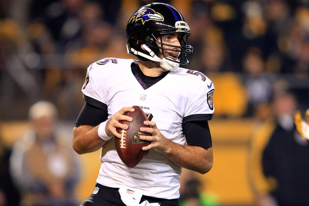 PITTSBURGH, PA - JANUARY 03:  Joe Flacco #5 of the Baltimore Ravens drops back to pass in the first quarter against the Pittsburgh Steelers during their AFC Wild Card game at Heinz Field on January 3, 2015 in Pittsburgh, Pennsylvania.  (Photo by Jamie Squire/Getty Images)
