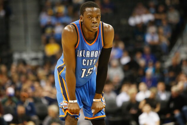 Nov 19, 2014; Denver, CO, USA; Oklahoma City Thunder guard Reggie Jackson (15) during the game against the Denver Nuggets at Pepsi Center. Mandatory Credit: Chris Humphreys-USA TODAY Sports