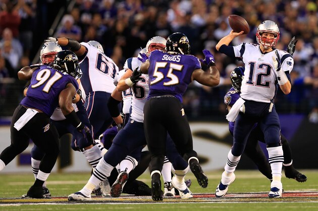 BALTIMORE, MD - DECEMBER 22: Quarterback Tom Brady #12 of the New England Patriots throws a first half pass against the Baltimore Ravens at M&T Bank Stadium on December 22, 2013 in Baltimore, Maryland. (Photo by Rob Carr/Getty Images) BALTIMORE, MD - DECEMBER 22: Quarterback Tom Brady #12 of the New England Patriots throws a first half pass against the Baltimore Ravens at M&T Bank Stadium on December 22, 2013 in Baltimore, Maryland. (Photo by Rob Carr/Getty Images)