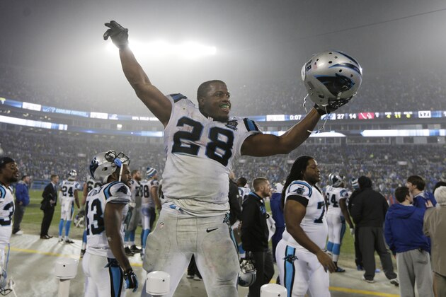 Carolina Panthers running back Jonathan Stewart (28) celebrates after the second half of an NFL wild card playoff football game against the Arizona Cardinals in Charlotte, N.C., Saturday, Jan. 3, 2015. Carolina Panthers won 27-16. (AP Photo/Chuck Burton)