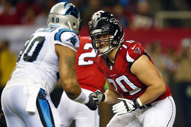 Atlanta Falcons tackle Jake Matthews (70) sets to block Atlanta Falcons defensive end Stansly Maponga (90) during an NFL football game on Sunday, Dec. 28, 2014 in Atlanta. The Panthers won the game 34-3. (Jeff Haynes/AP Images for Panini)