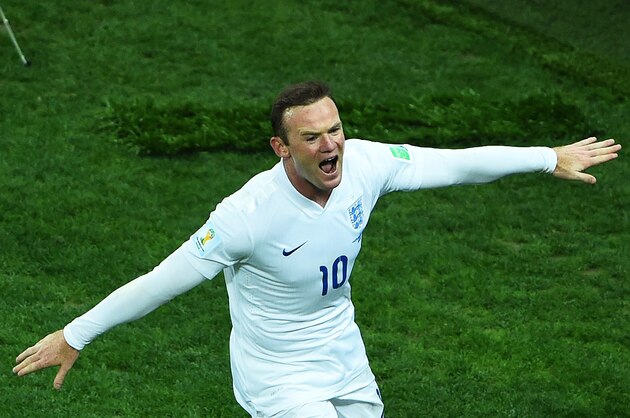 SAO PAULO, BRAZIL - JUNE 19:  Wayne Rooney of England celebrates scoring his team's first goal during the 2014 FIFA World Cup Brazil Group D match between Uruguay and England at Arena de Sao Paulo on June 19, 2014 in Sao Paulo, Brazil.  (Photo by Matthias Hangst/Getty Images)
